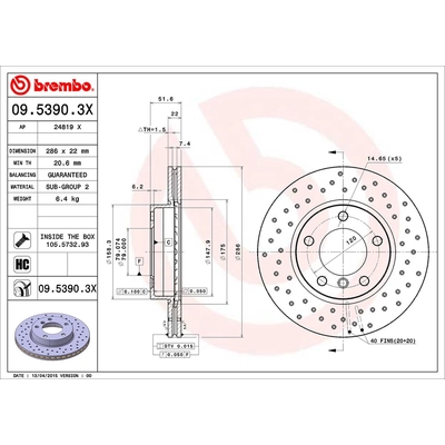 Front Premium Rotor by BREMBO - 09.5390.3X (1 Qty) pa1