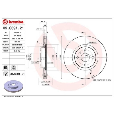 Front Premium Rotor by BREMBO - 09.C391.21 (1 Qty) pa6