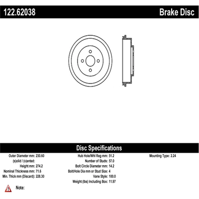 Tambour de frein arrière by CENTRIC PARTS - 122.62038 pa1