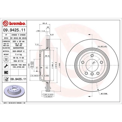 Rear Premium Rotor by BREMBO - 09.9425.11 (1 Qty) pa7