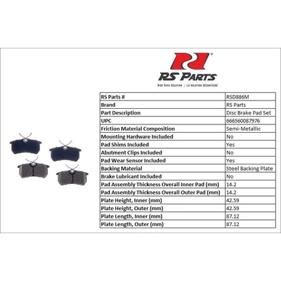 RS PARTS - RSD886M - Rear Semi Metallic Pads pa4